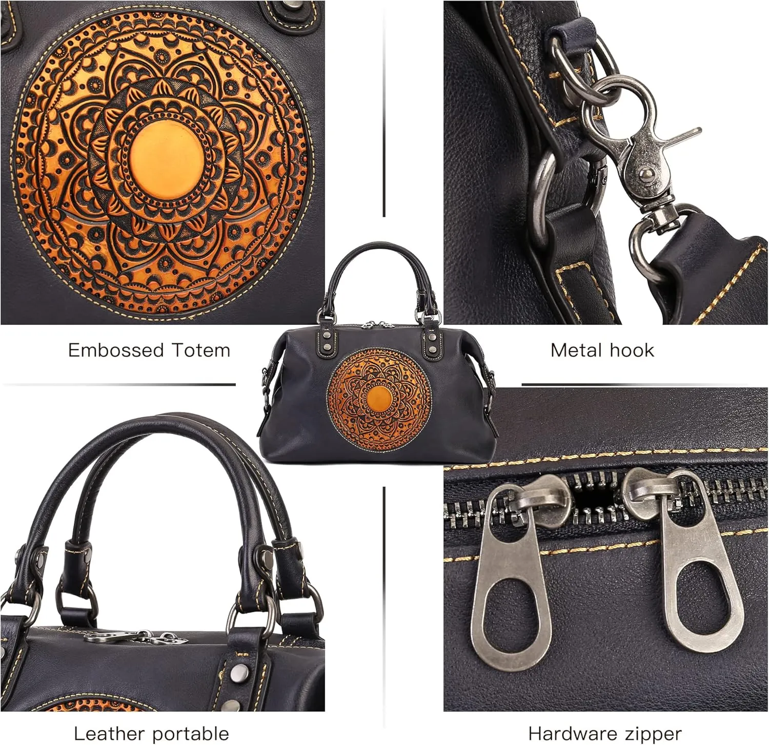 Leather Handbag for Women, Genuine Leather Purses Retro Mandela Crossbody Handbag Tote Bag