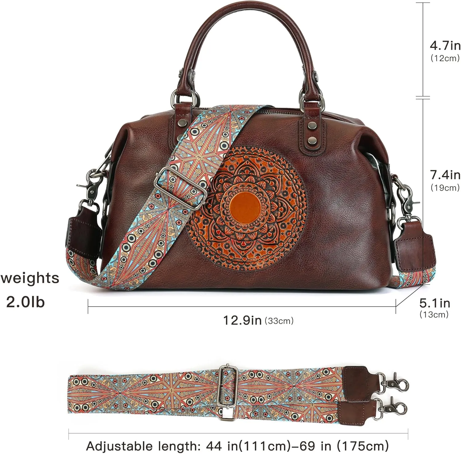 Leather Handbag for Women, Genuine Leather Purses Retro Mandela Crossbody Handbag Tote Bag