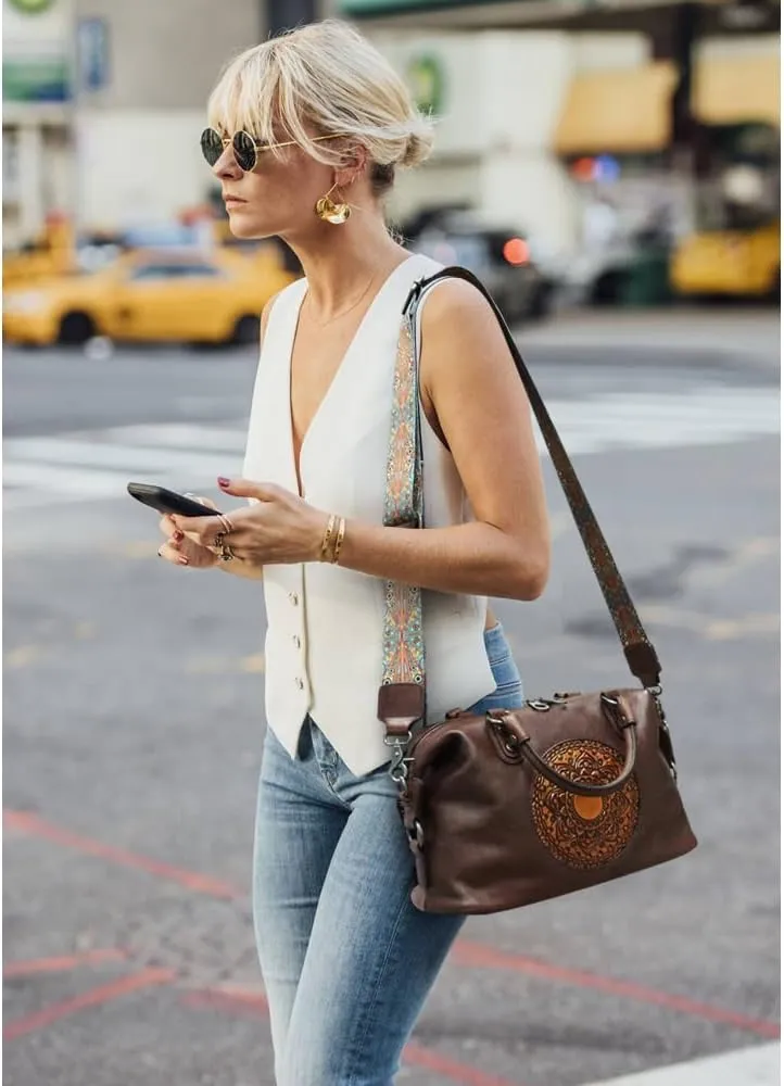Leather Handbag for Women, Genuine Leather Purses Retro Mandela Crossbody Handbag Tote Bag