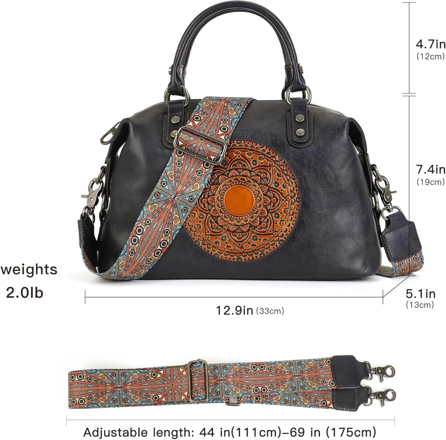 Leather Handbag for Women, Genuine Leather Purses Retro Mandela Crossbody Handbag Tote Bag