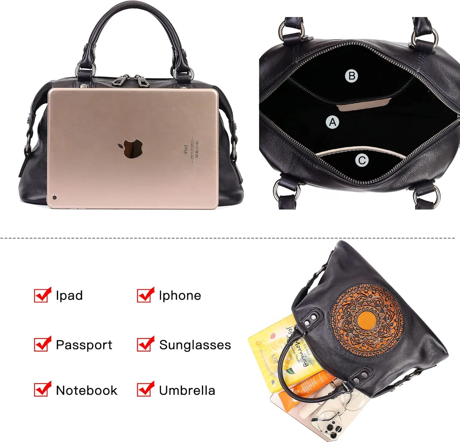 Leather Handbag for Women, Genuine Leather Purses Retro Mandela Crossbody Handbag Tote Bag
