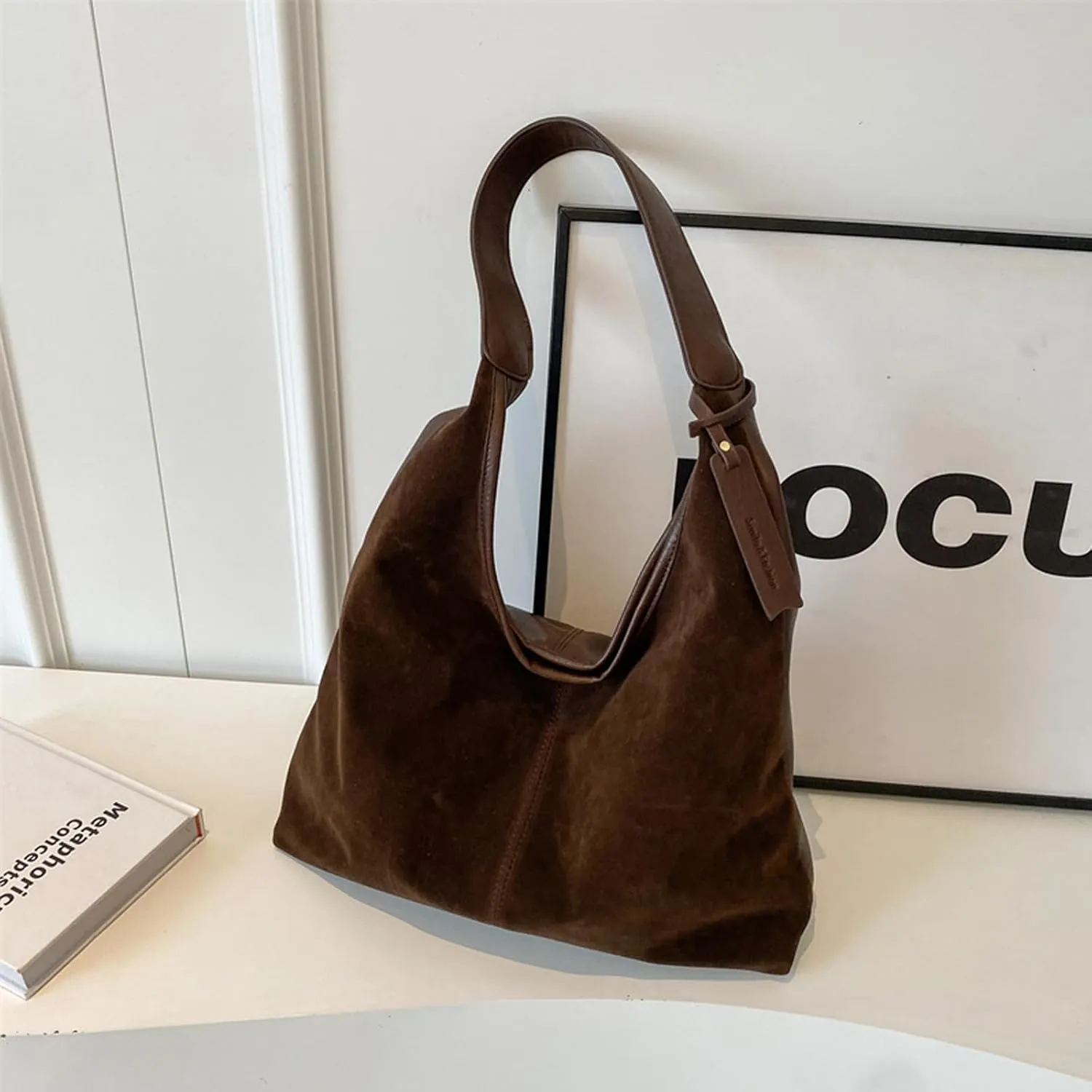 Leather Hobo Bags for Women Suede Purse Slouchy Tote Bag Womens Suede Tote Bag Hobo Handbag Office Tote Handbag (Brown)