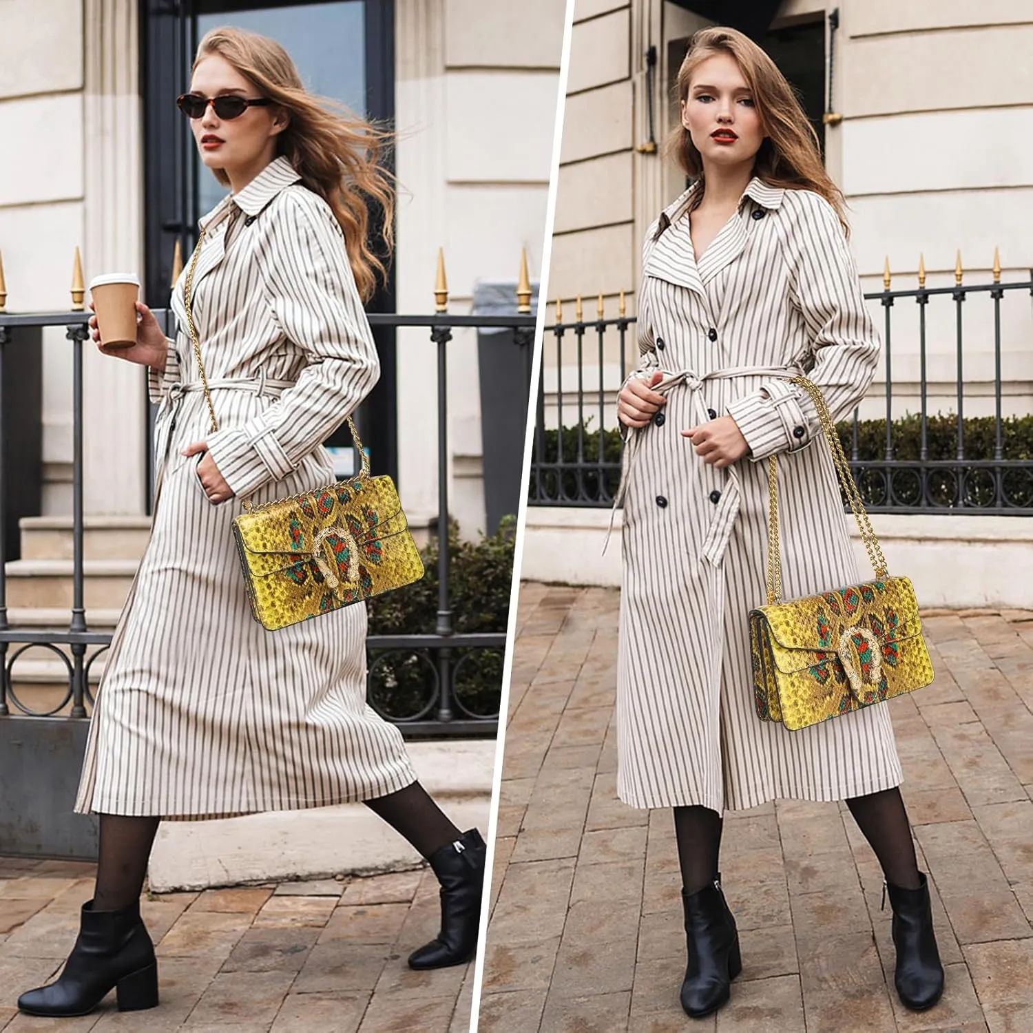 Leather Shoulder Bag Chain Purse for Women - Fashion Crossbody Bags Vintage Snake Print Underarm Bag Square Satchel Handbag