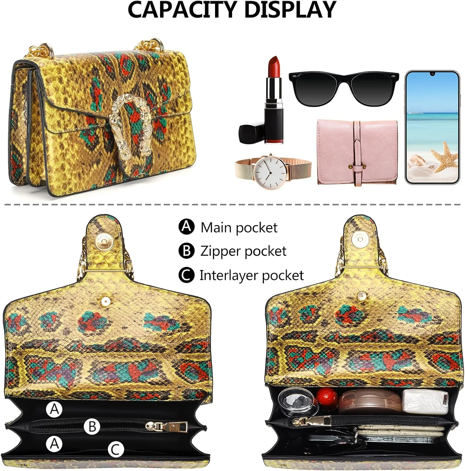 Leather Shoulder Bag Chain Purse for Women - Fashion Crossbody Bags Vintage Snake Print Underarm Bag Square Satchel Handbag