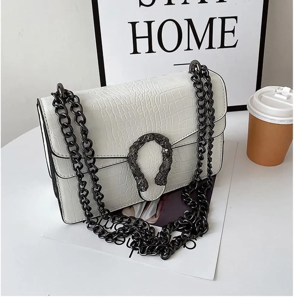 Leather Shoulder Bag Chain Purse for Women - Fashion Crossbody Bags Vintage Snake Print Underarm Bag Square Satchel Handbag