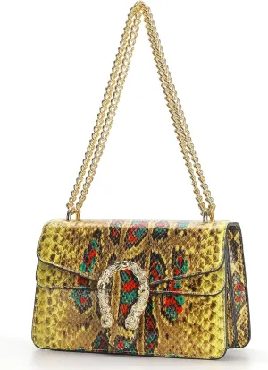 Leather Shoulder Bag Chain Purse for Women - Fashion Crossbody Bags Vintage Snake Print Underarm Bag Square Satchel Handbag