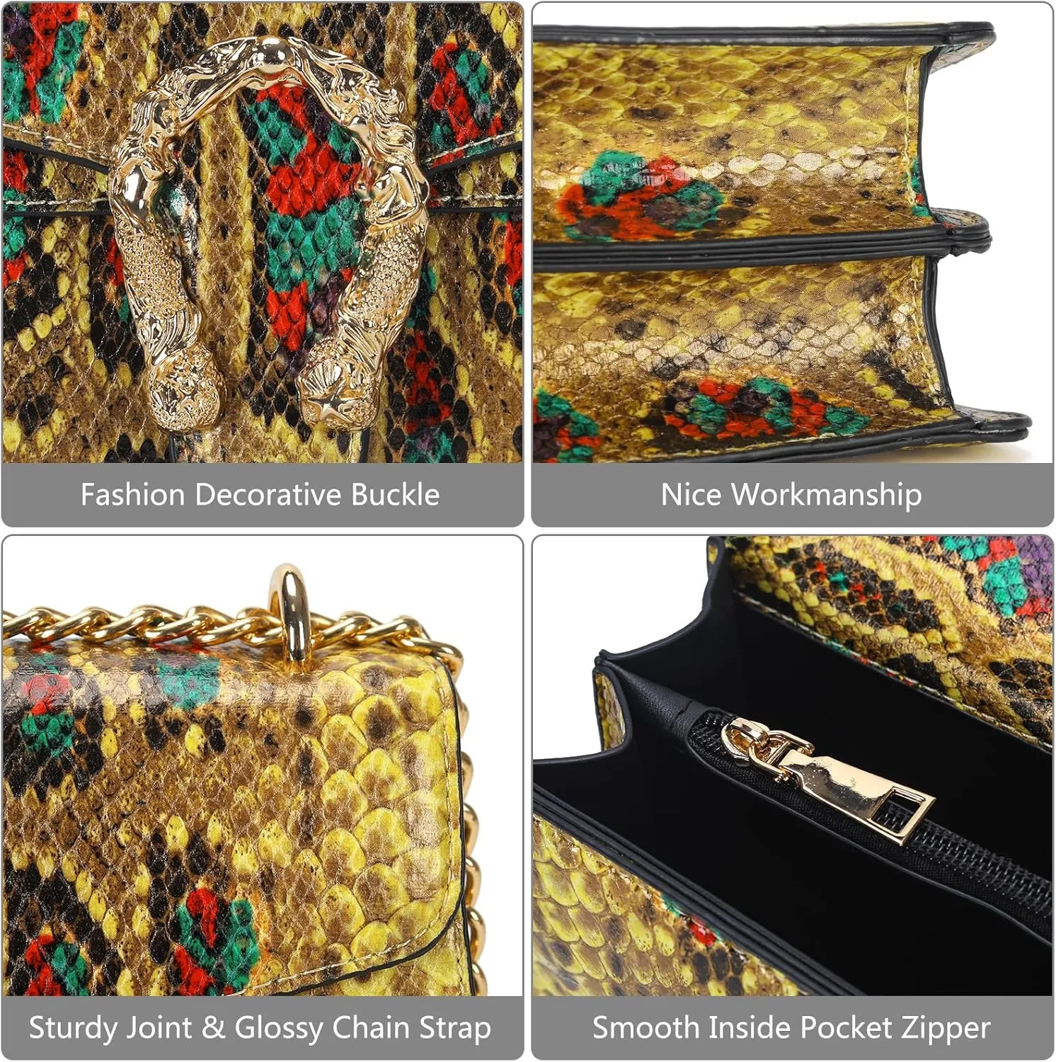 Leather Shoulder Bag Chain Purse for Women - Fashion Crossbody Bags Vintage Snake Print Underarm Bag Square Satchel Handbag