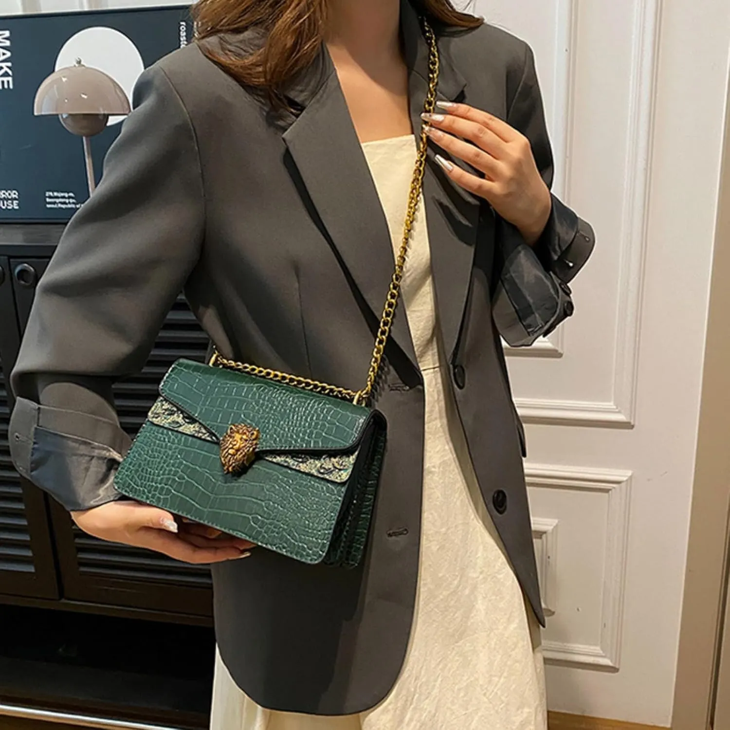 Leather Shoulder Bag Chain Purse for Women, Underarm Lion Head Badge Crossbody Handbag Ladies Fashion Square Clutch