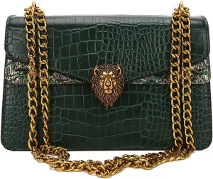 Leather Shoulder Bag Chain Purse for Women, Underarm Lion Head Badge Crossbody Handbag Ladies Fashion Square Clutch