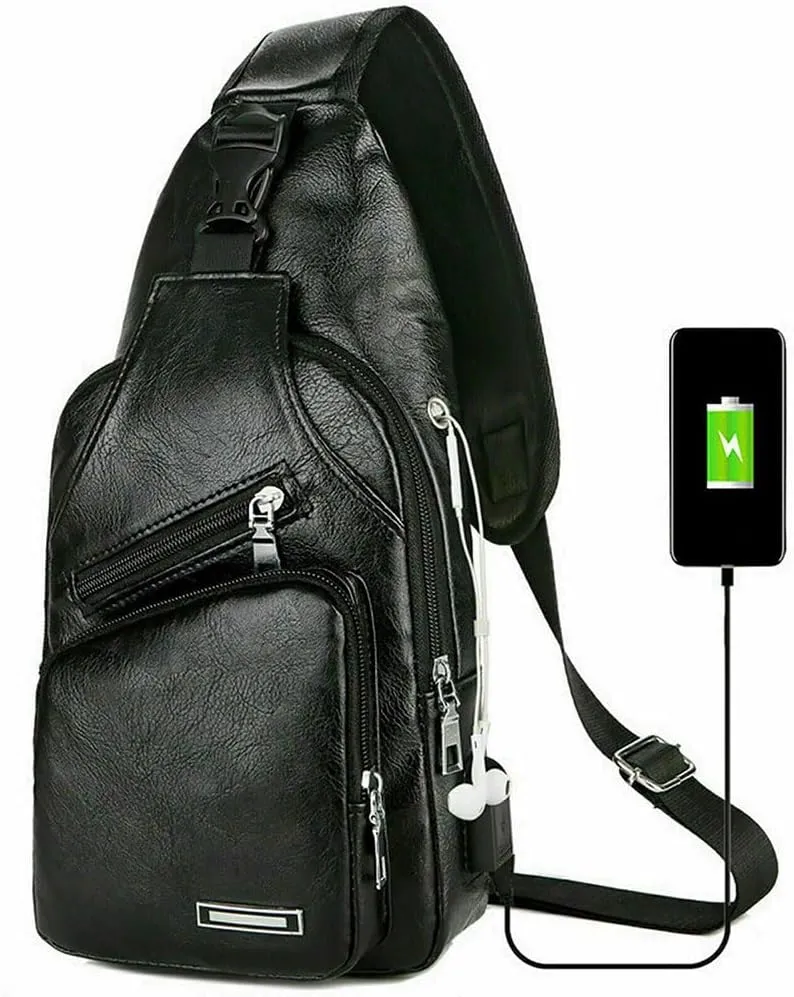 Leather Sling Bag with USB Charging Port, Large Men's Crossbody Shoulder Bag Travel Sling Chest Bag, Dark Brown Style A