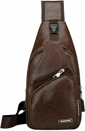 Leather Sling Bag with USB Charging Port, Large Men's Crossbody Shoulder Bag Travel Sling Chest Bag, Dark Brown Style A
