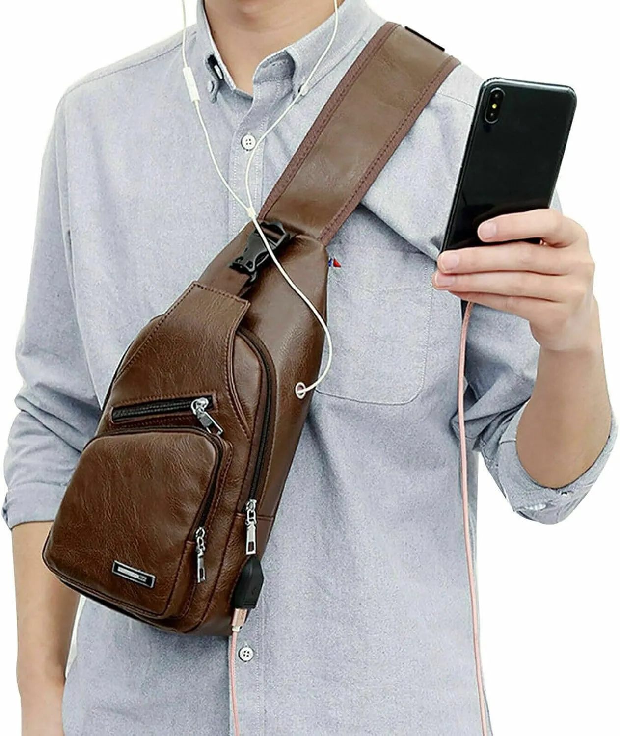 Leather Sling Bag with USB Charging Port, Large Men's Crossbody Shoulder Bag Travel Sling Chest Bag, Dark Brown Style A