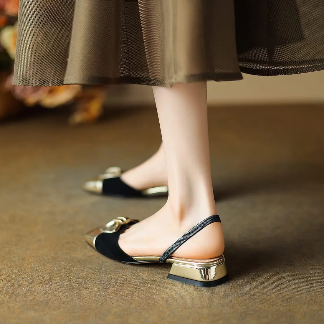LEHOOR Women Mules Flats with Bow Cap Toe Ballet Flats Ankle Strap Backless Loafer Flats Square Closed Toe Slide Sandals Metallic Two-Tone Dress Mule Ladies Girl Comfort Office Casual Summer 4-11 M US