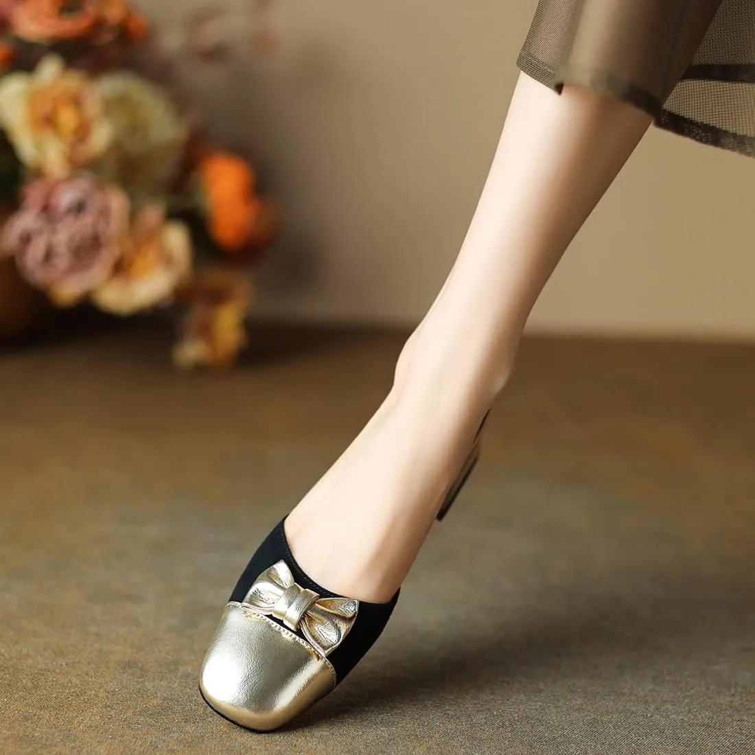 LEHOOR Women Mules Flats with Bow Cap Toe Ballet Flats Ankle Strap Backless Loafer Flats Square Closed Toe Slide Sandals Metallic Two-Tone Dress Mule Ladies Girl Comfort Office Casual Summer 4-11 M US