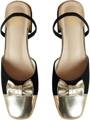 LEHOOR Women Mules Flats with Bow Cap Toe Ballet Flats Ankle Strap Backless Loafer Flats Square Closed Toe Slide Sandals Metallic Two-Tone Dress Mule Ladies Girl Comfort Office Casual Summer 4-11 M US