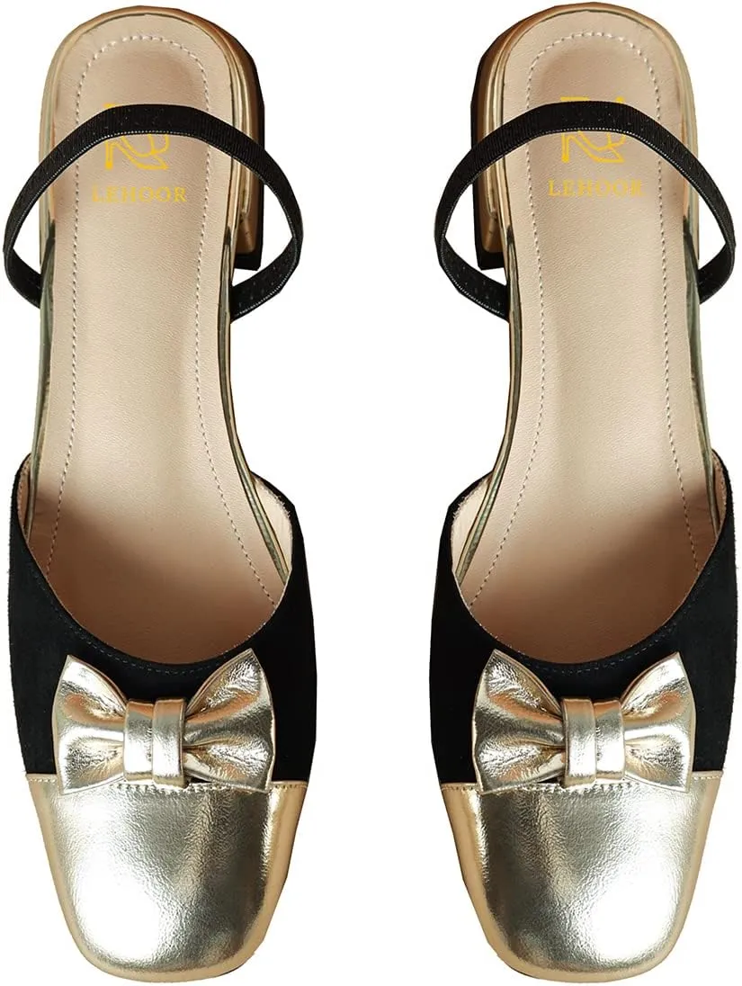 LEHOOR Women Mules Flats with Bow Cap Toe Ballet Flats Ankle Strap Backless Loafer Flats Square Closed Toe Slide Sandals Metallic Two-Tone Dress Mule Ladies Girl Comfort Office Casual Summer 4-11 M US