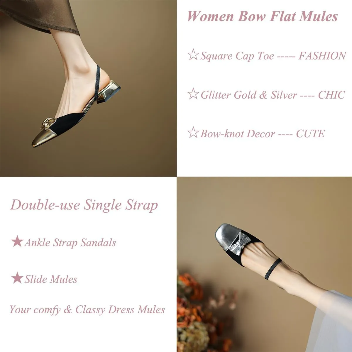 LEHOOR Women Mules Flats with Bow Cap Toe Ballet Flats Ankle Strap Backless Loafer Flats Square Closed Toe Slide Sandals Metallic Two-Tone Dress Mule Ladies Girl Comfort Office Casual Summer 4-11 M US