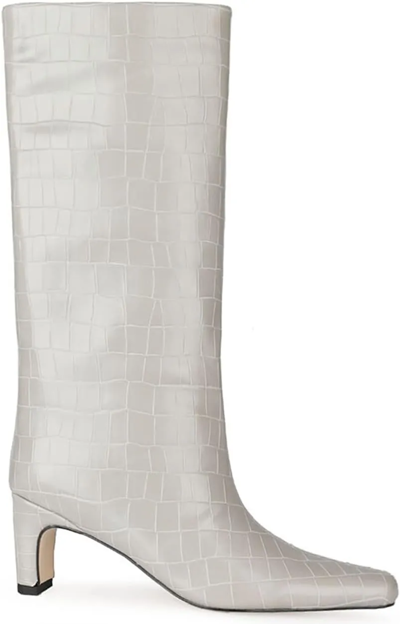 LEHOOR Women Wide Calf Knee High Boots Low Chunky Block Heel Pull On Mid Calf Crocodile Boots Square Toe Fall Fashion Tall Winter Boot Kitten Heel Warm Dressy Casual Party Long Riding Boots 4-12 M US