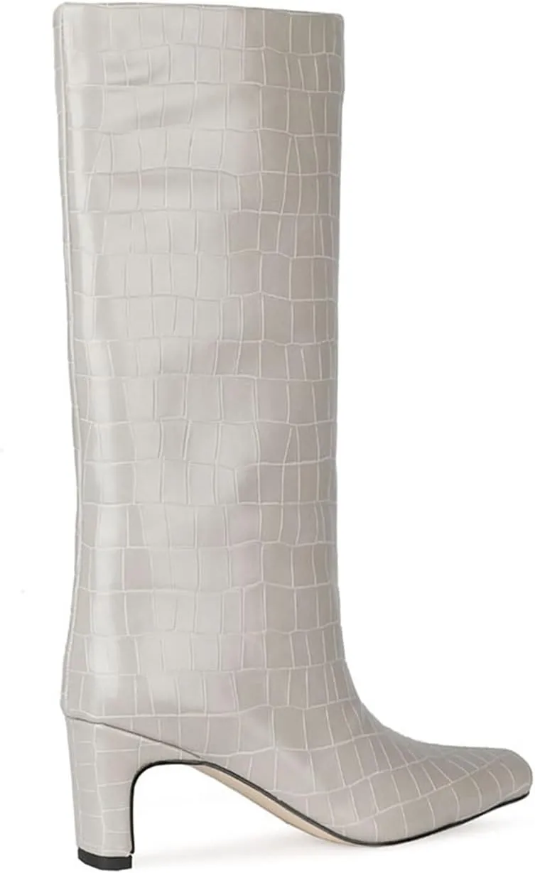 LEHOOR Women Wide Calf Knee High Boots Low Chunky Block Heel Pull On Mid Calf Crocodile Boots Square Toe Fall Fashion Tall Winter Boot Kitten Heel Warm Dressy Casual Party Long Riding Boots 4-12 M US