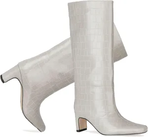 LEHOOR Women Wide Calf Knee High Boots Low Chunky Block Heel Pull On Mid Calf Crocodile Boots Square Toe Fall Fashion Tall Winter Boot Kitten Heel Warm Dressy Casual Party Long Riding Boots 4-12 M US
