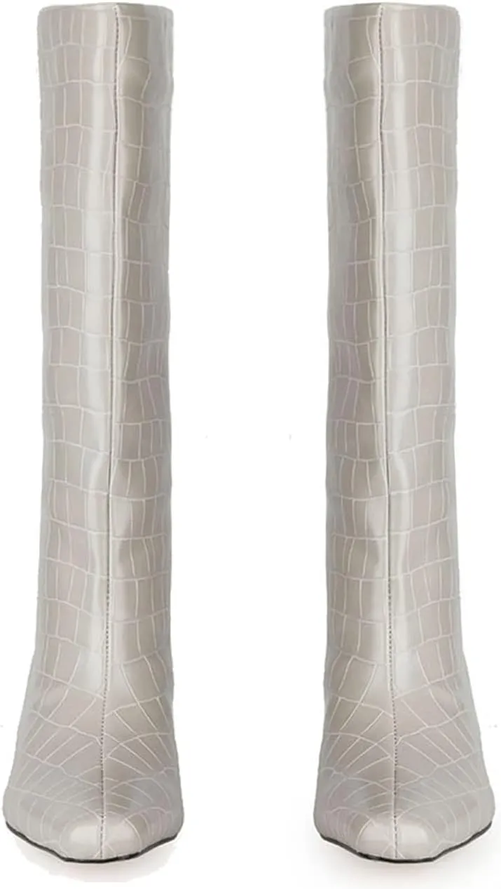 LEHOOR Women Wide Calf Knee High Boots Low Chunky Block Heel Pull On Mid Calf Crocodile Boots Square Toe Fall Fashion Tall Winter Boot Kitten Heel Warm Dressy Casual Party Long Riding Boots 4-12 M US