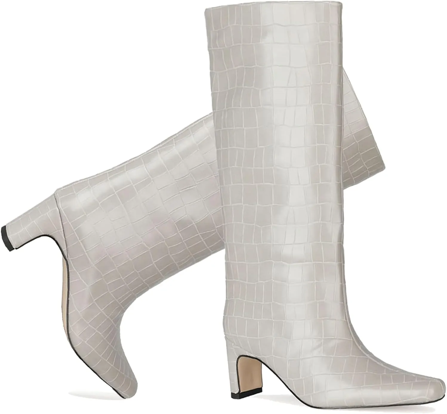 LEHOOR Women Wide Calf Knee High Boots Low Chunky Block Heel Pull On Mid Calf Crocodile Boots Square Toe Fall Fashion Tall Winter Boot Kitten Heel Warm Dressy Casual Party Long Riding Boots 4-12 M US