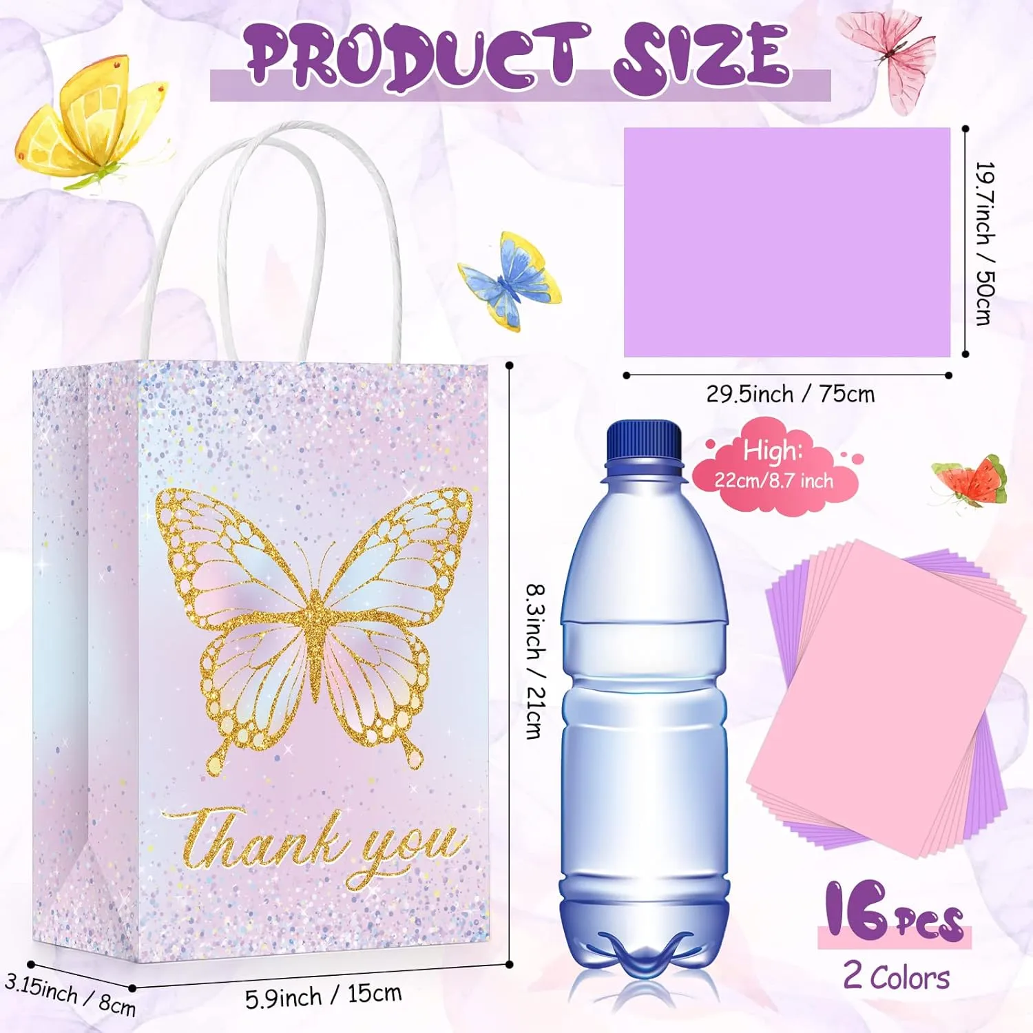 Leinuosen 16 Set Butterfly Party Favors Gift Goodie Bags with Tissue Paper Pink Purple Flowers Treat Candy Bags with Handles for Kids Girl Butterfly Birthday Party(Glitter Style)