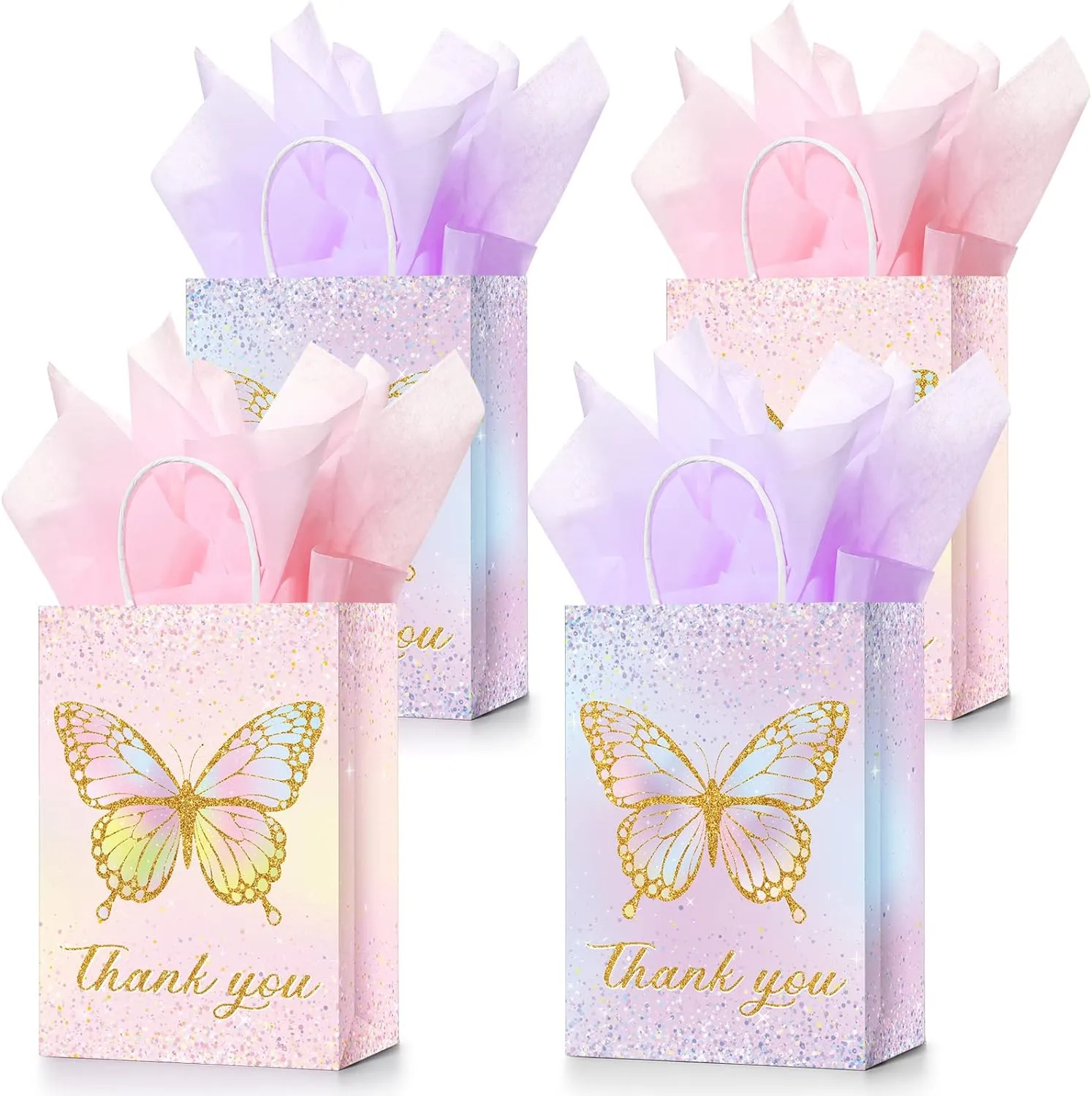 Leinuosen 16 Set Butterfly Party Favors Gift Goodie Bags with Tissue Paper Pink Purple Flowers Treat Candy Bags with Handles for Kids Girl Butterfly Birthday Party(Glitter Style)