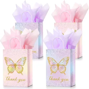 Leinuosen 16 Set Butterfly Party Favors Gift Goodie Bags with Tissue Paper Pink Purple Flowers Treat Candy Bags with Handles for Kids Girl Butterfly Birthday Party(Glitter Style)