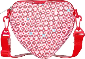 LeSportsac Stamped With Love Heart Crossbody Bag, Style 3617/Color F894, Unique Heart Shaped Crossbody Bag w Petite Multicolor Hearts, Detachable & Adjustable 2 Tone Pink/Red Strap
