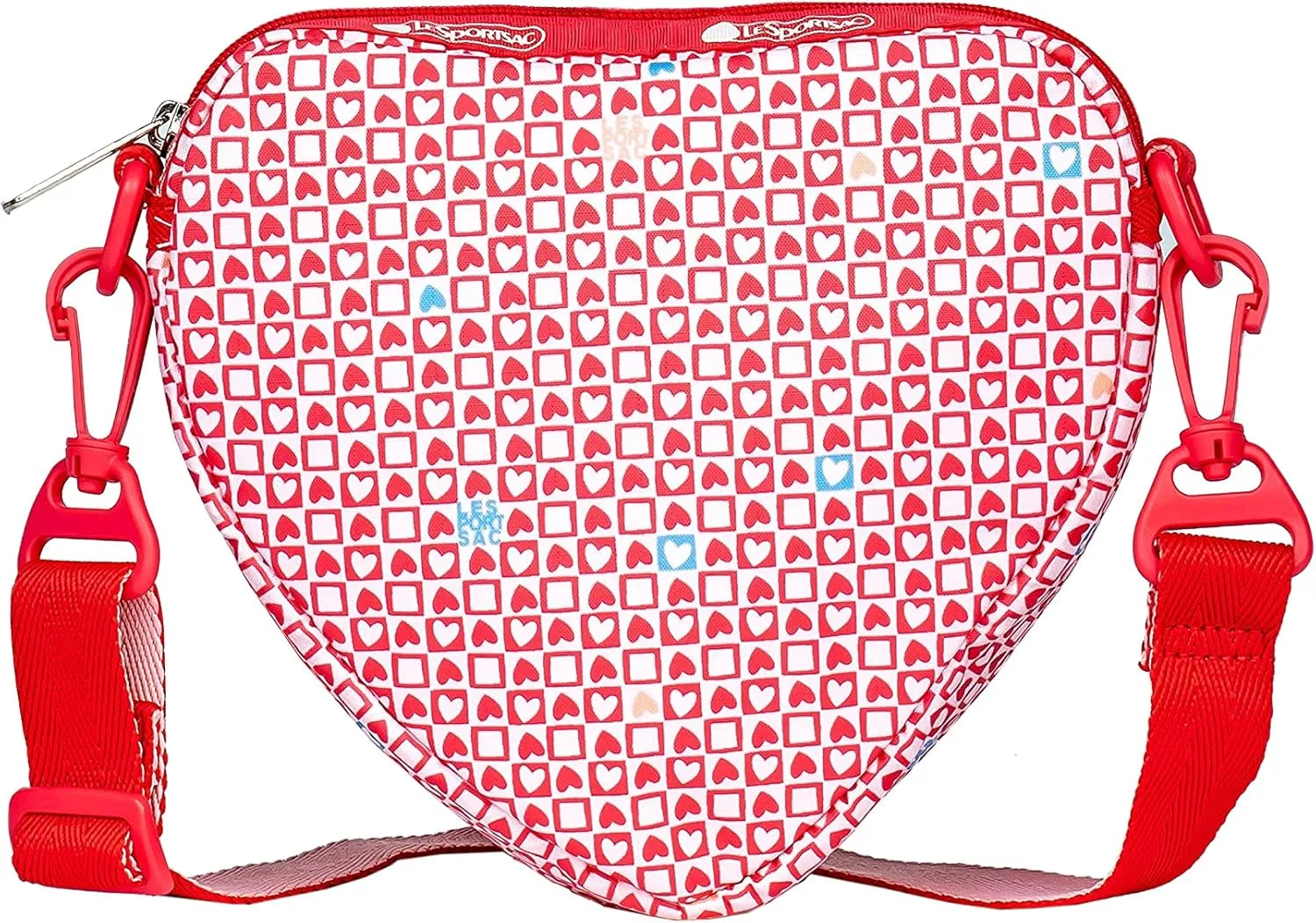 LeSportsac Stamped With Love Heart Crossbody Bag, Style 3617/Color F894, Unique Heart Shaped Crossbody Bag w Petite Multicolor Hearts, Detachable & Adjustable 2 Tone Pink/Red Strap