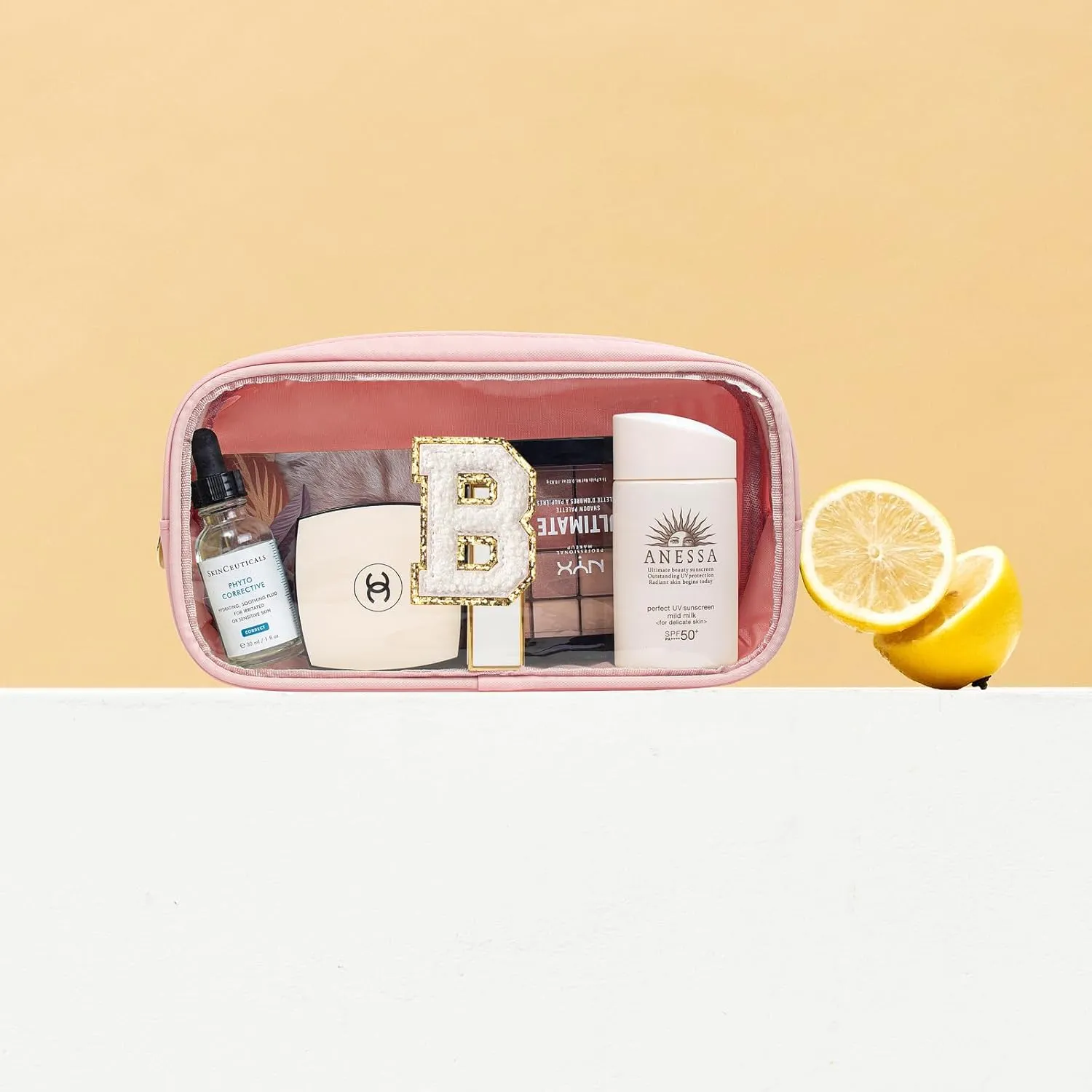 LETGO Initial Make Up Bag - Clear Travel Toiletry Bag, Preppy Cosmetic Organizer, Pink Gifts for Women, Teen, Girlfriend, Teacher, Mom, Birthday