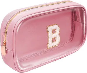 LETGO Initial Make Up Bag - Clear Travel Toiletry Bag, Preppy Cosmetic Organizer, Pink Gifts for Women, Teen, Girlfriend, Teacher, Mom, Birthday