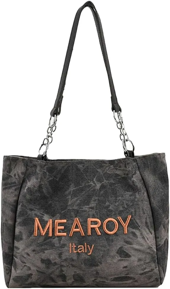 Letter Embroidery Hobo Handbags Trendy Shoulder Bags for Women Two-Tone Denim Shoulder Bags with Large Capacity