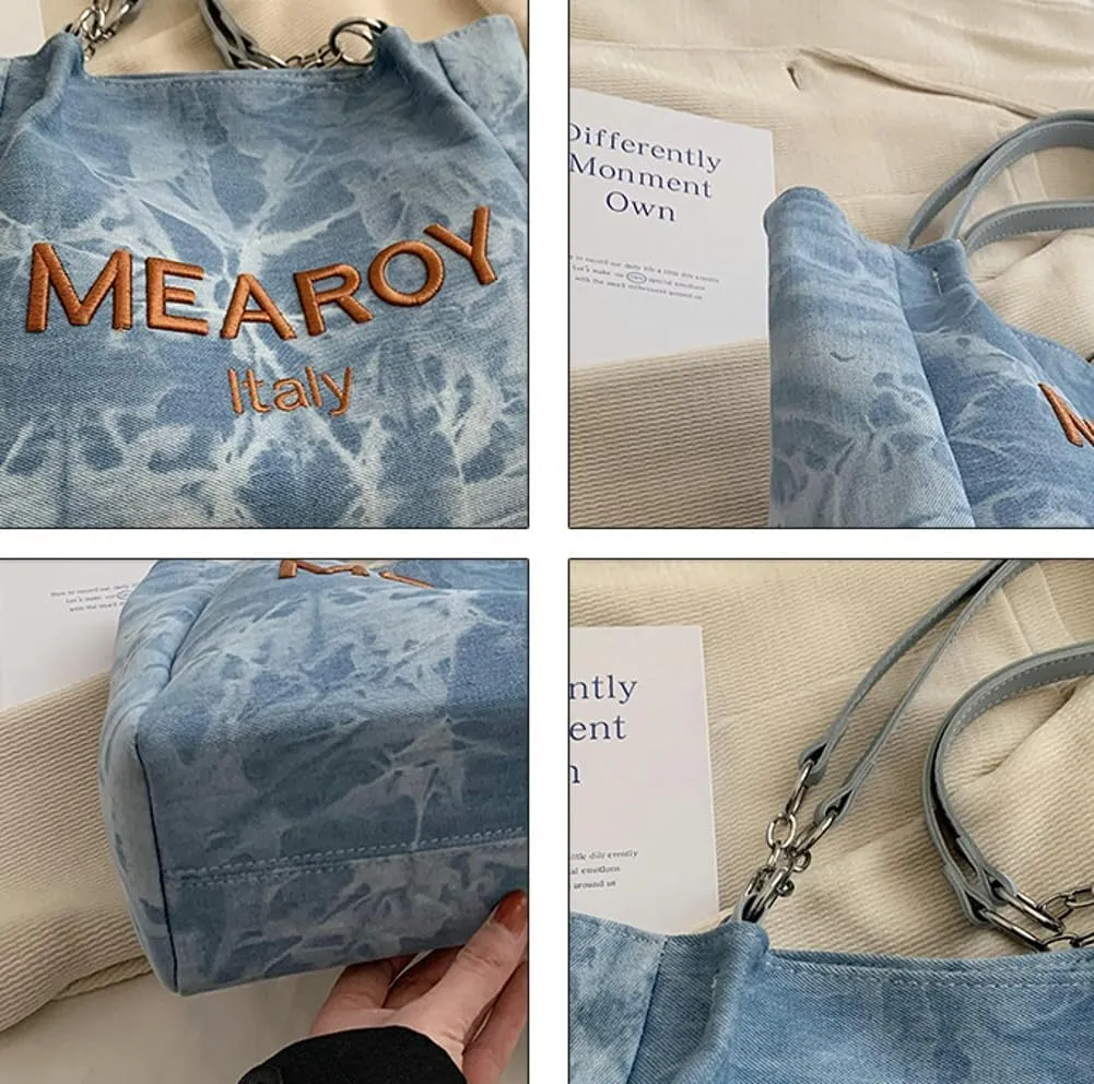 Letter Embroidery Hobo Handbags Trendy Shoulder Bags for Women Two-Tone Denim Shoulder Bags with Large Capacity