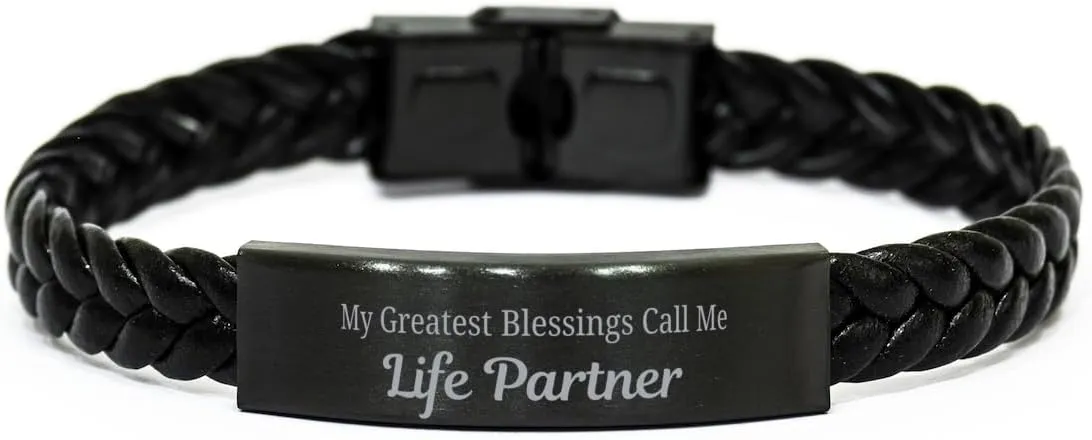 Life Partner Braided Leather Bracelet, My Greatest Blessings Call Me Life Partner Sentimental Heartfelt Christmas Birthday Engraved Gifts for Men Women