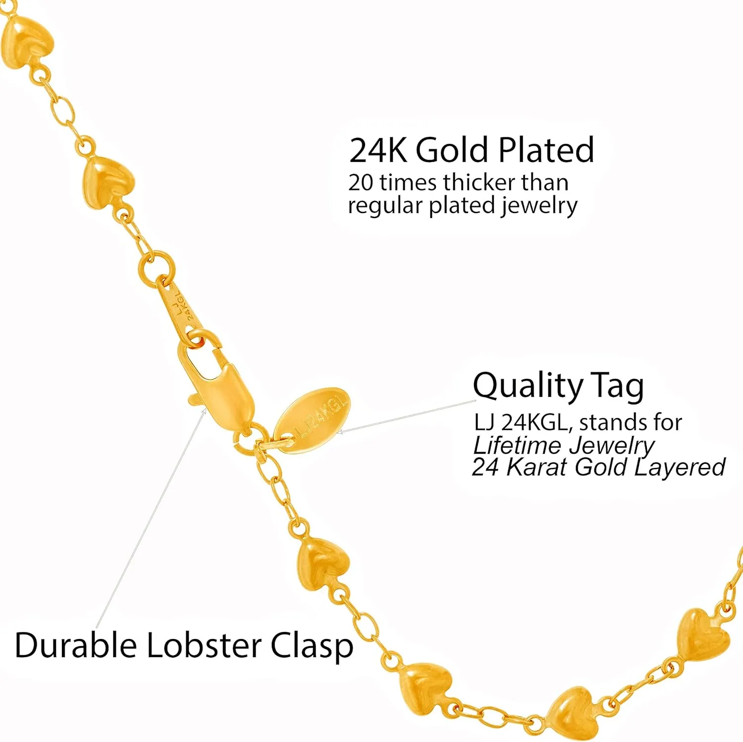LIFETIME JEWELRY Womens Gold Anklet Solid Heart Link Ankle Bracelet 24k Real Gold Plated