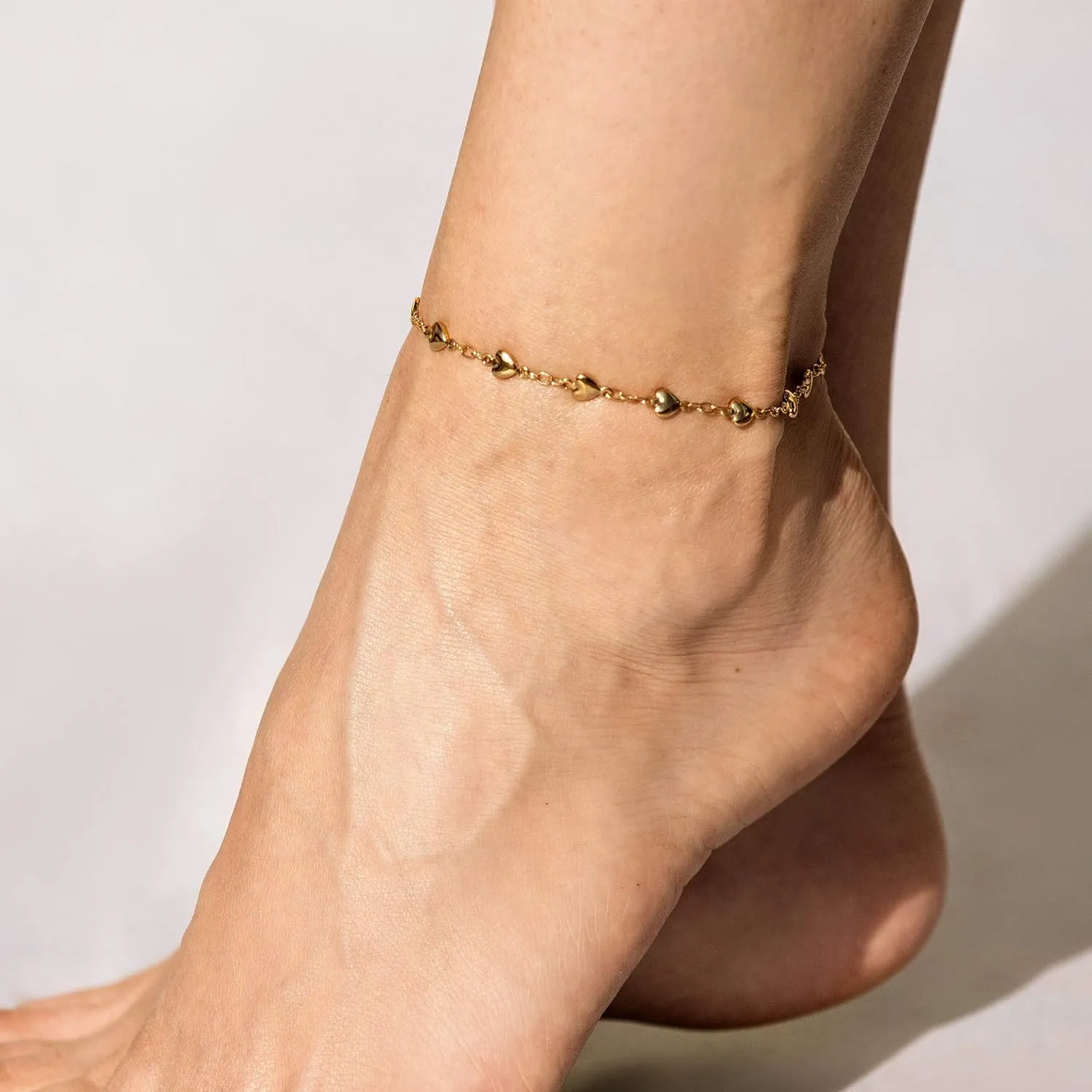 LIFETIME JEWELRY Womens Gold Anklet Solid Heart Link Ankle Bracelet 24k Real Gold Plated