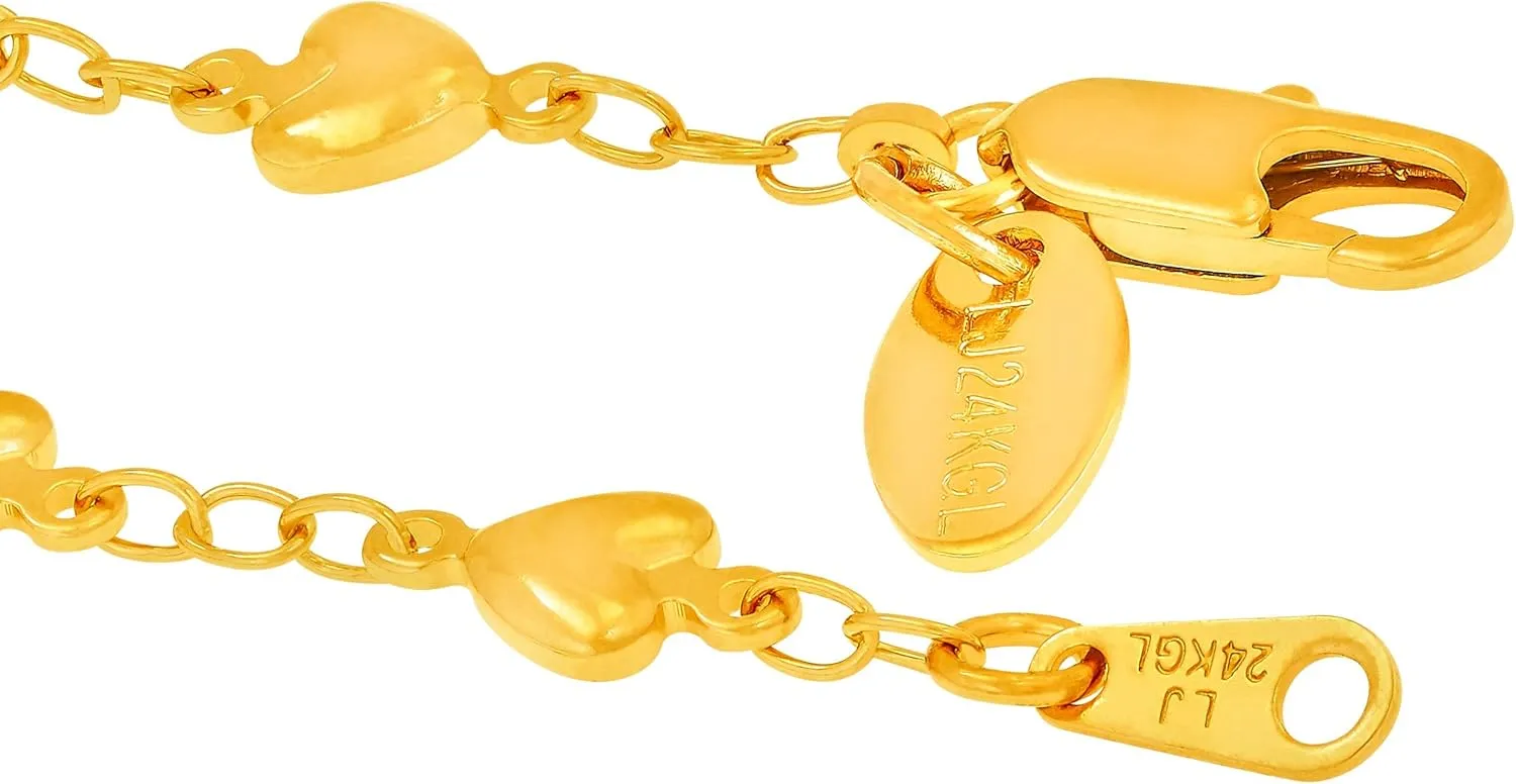 LIFETIME JEWELRY Womens Gold Anklet Solid Heart Link Ankle Bracelet 24k Real Gold Plated