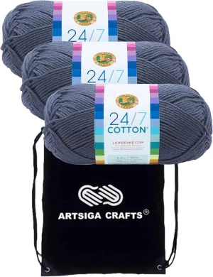 Lion Brand 24/7 Cotton Denim 761-108 (3-Skeins - Same Dye Lot) Worsted Medium #4 Cotton Yarn for Crocheting and Knitting with Project Bag