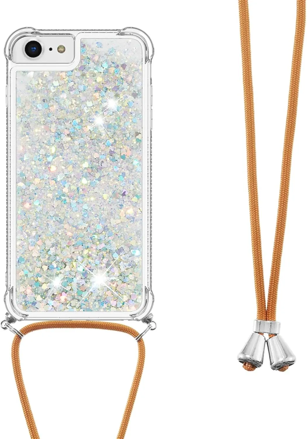 Liquid Glitter Case for iPhone 16e 6.1", with Adjustable Lanyard Neck Strap Case for Women Girls Soft TPU Clear Shockproof Cover for iPhone 16e. Love Silver YB