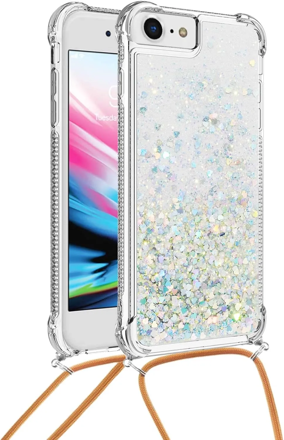 Liquid Glitter Case for iPhone 16e 6.1", with Adjustable Lanyard Neck Strap Case for Women Girls Soft TPU Clear Shockproof Cover for iPhone 16e. Love Silver YB