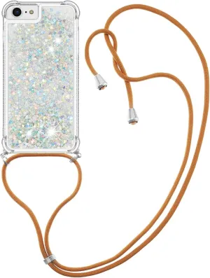 Liquid Glitter Case for iPhone 16e 6.1", with Adjustable Lanyard Neck Strap Case for Women Girls Soft TPU Clear Shockproof Cover for iPhone 16e. Love Silver YB