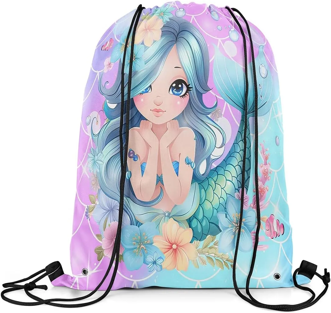 Little Mermaid Drawstring Backpack,Ocean Decor Cute String Bag,Glitter Fish Scale Starfish Sackpack for Sport Camping Traveling,Waterproof Reversible 13X15.7,Purple Blue Pink