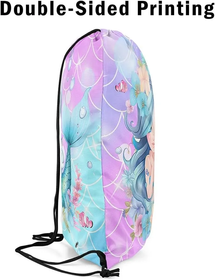 Little Mermaid Drawstring Backpack,Ocean Decor Cute String Bag,Glitter Fish Scale Starfish Sackpack for Sport Camping Traveling,Waterproof Reversible 13X15.7,Purple Blue Pink