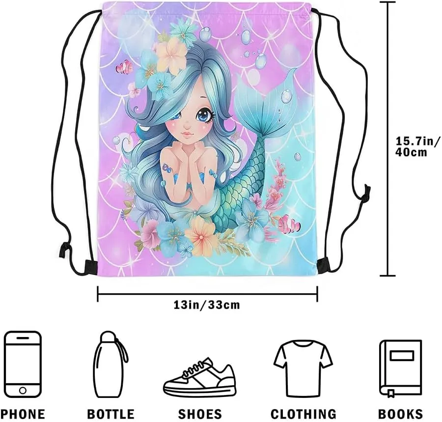 Little Mermaid Drawstring Backpack,Ocean Decor Cute String Bag,Glitter Fish Scale Starfish Sackpack for Sport Camping Traveling,Waterproof Reversible 13X15.7,Purple Blue Pink