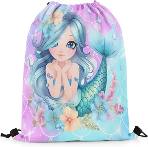 Little Mermaid Drawstring Backpack,Ocean Decor Cute String Bag,Glitter Fish Scale Starfish Sackpack for Sport Camping Traveling,Waterproof Reversible 13X15.7,Purple Blue Pink
