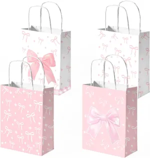 loghohu 12Pcs Coquette Pink Bow Paper Gift Bags Pink Party Favor Bags Party Favor Bags with Handles Pink Birthday Wedding Mother's Day Gift Bags Candy Bags for Pink Bridal Engagement Party Supplies