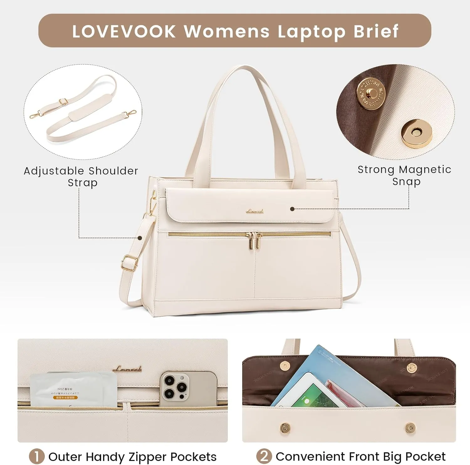 LOVEVOOK Laptop Bag for Women 15.6 Inch Tote Work Professional Leather Computer Briefcase Waterproof Handbag Shoulder Large Capacity Business Teacher Office Crossbody Purse, 206# Beige White