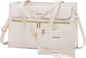 LOVEVOOK Laptop Bag for Women 15.6 Inch Tote Work Professional Leather Computer Briefcase Waterproof Handbag Shoulder Large Capacity Business Teacher Office Crossbody Purse, 206# Beige White